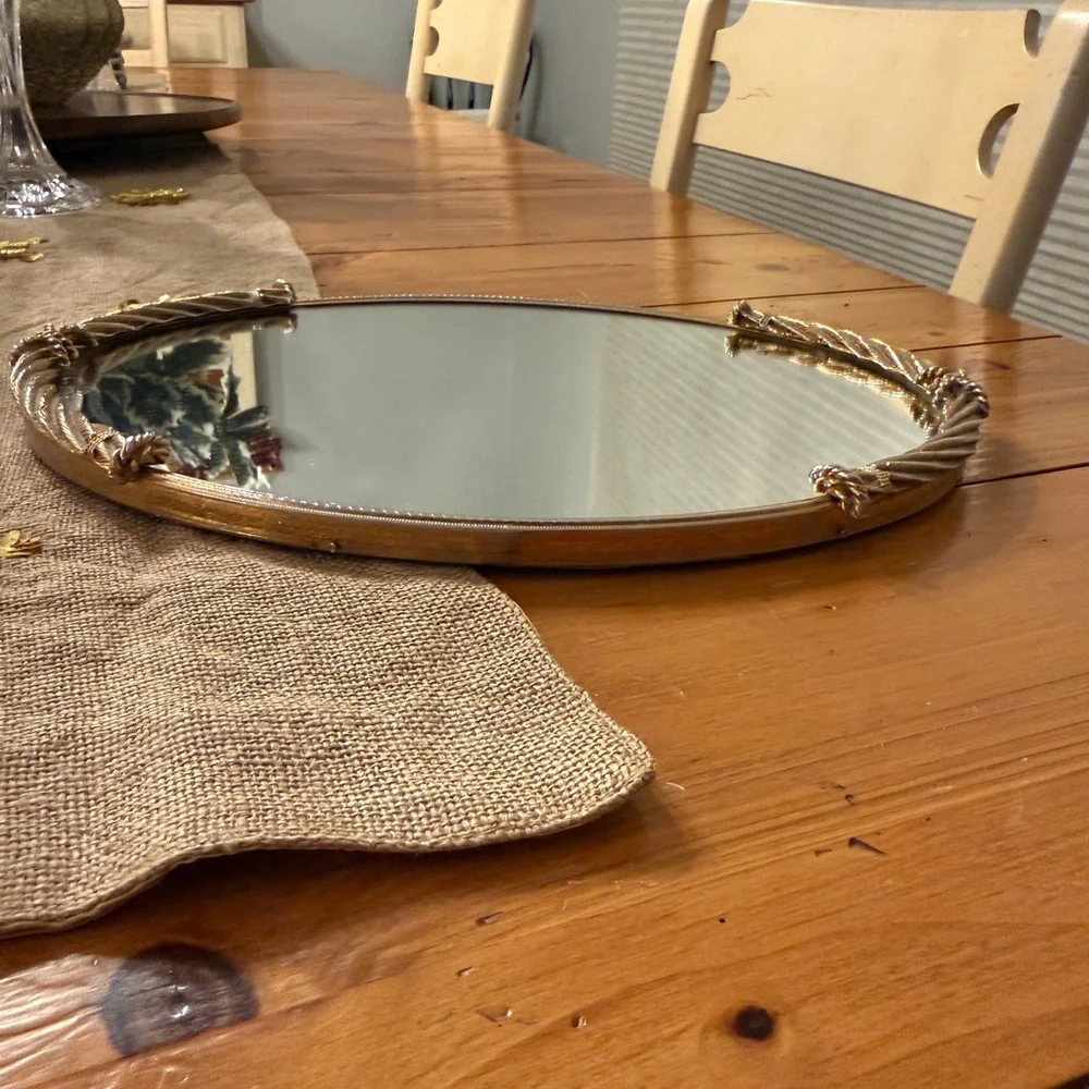 Vintage Stylebuilt Oval Mirrored Vanity Tray Organizer Rope Bow Gold Tone
